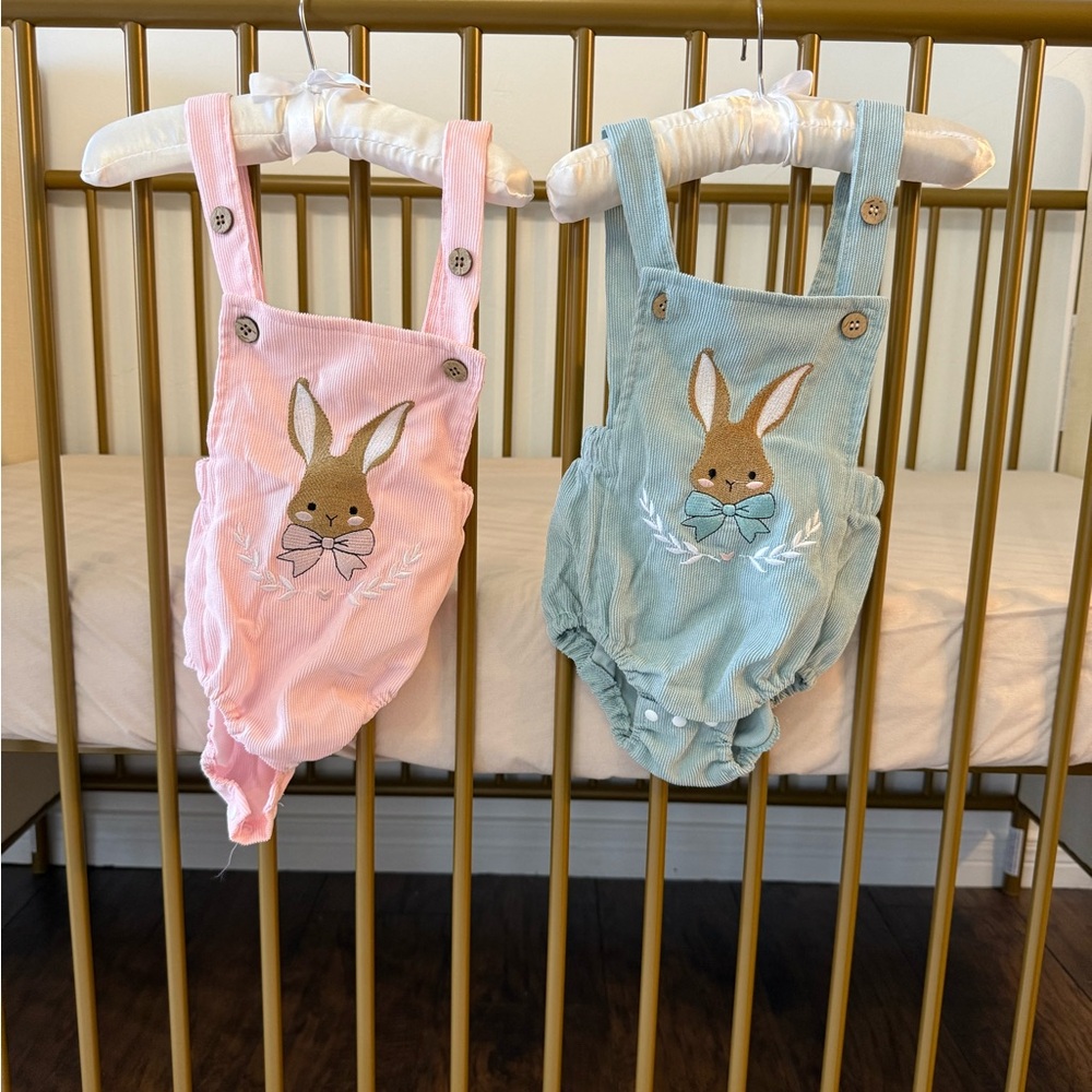 Adorable Bunny Embroidered Kids Overalls - Pink and Blue